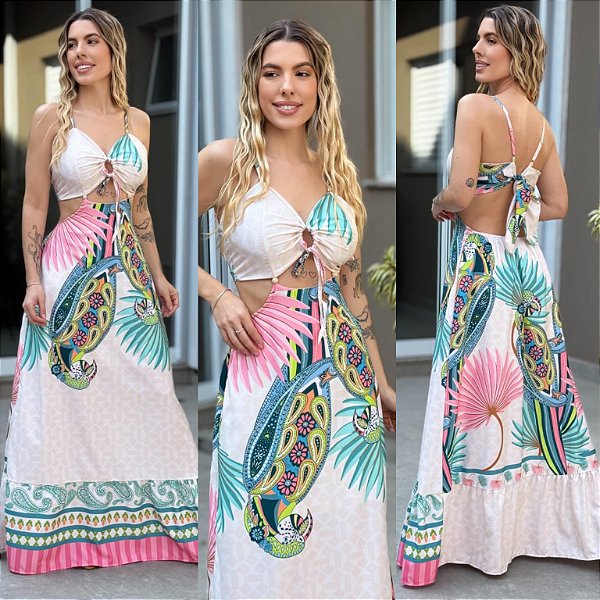 Vestido Longo Estampado Vazado