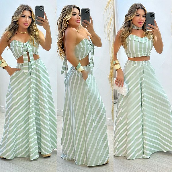 Conjunto De Saia & Cropped Listrado