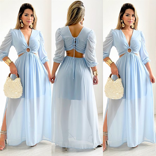 Vestido Longo Manga Longa Vazado