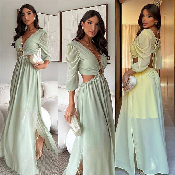 Vestido Longo Manga Longa Vazado