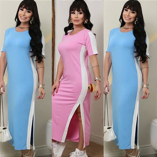 Vestido Longo Manga Curta Bicolor