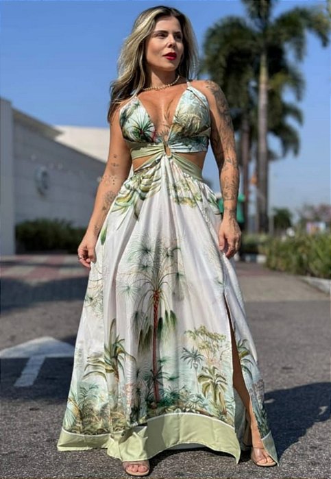 Vestido Longo Estampado Vazado