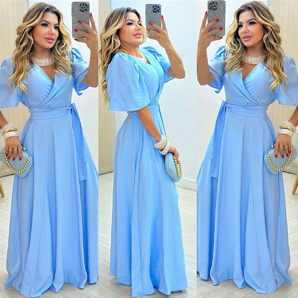 Vestido Longo Transpassado Manga Curta