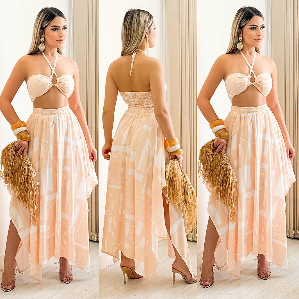 Conjunto De Cropped & Saia Estampado