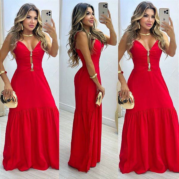 Vestido Longo De Alça C/ Detalhe Dourado