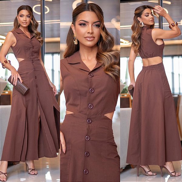 Vestido Longo Vazado C/ Botões