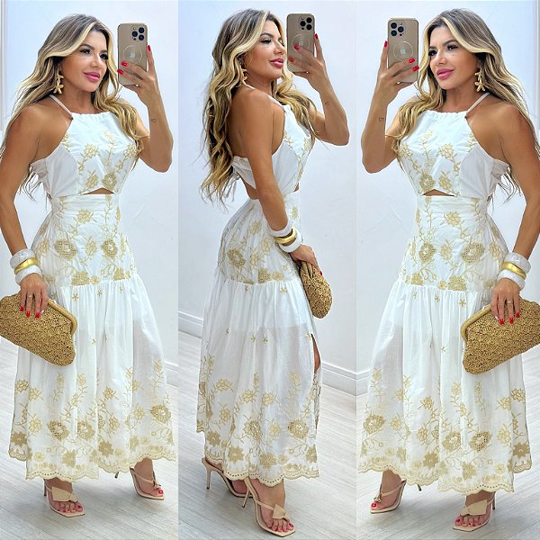 Vestido Midi Bordado 3D