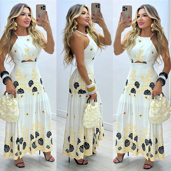 Vestido Midi Bordado 3D
