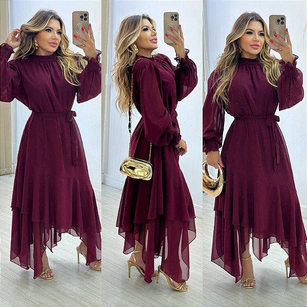 Vestido Longo Manga Longa De Gola