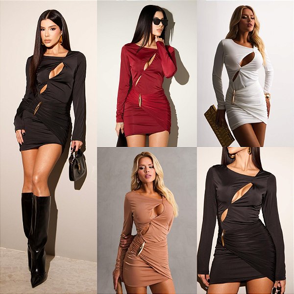 Vestido Curto De Manga Longa C/ Fivela Dourada