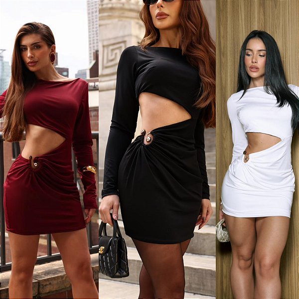 Vestido Curto De Manga Longa Vazado