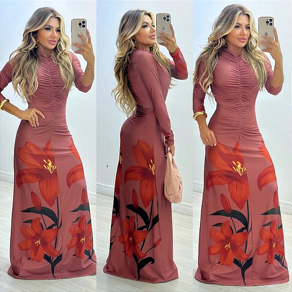 Vestido Longo Estampado Manga Longa