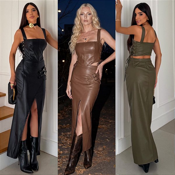 Conjunto Saia & Cropped De Couro Eco