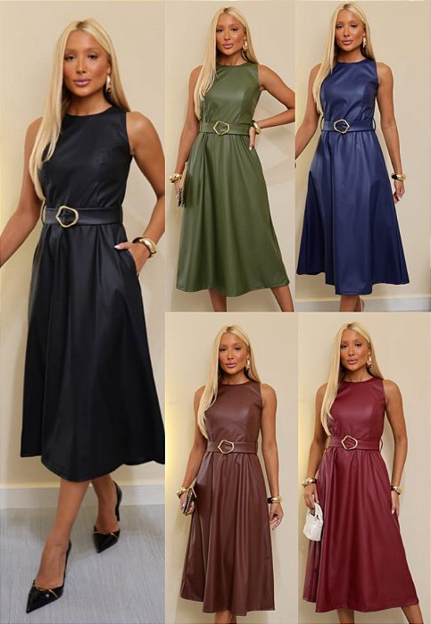Vestido Midi De Couro Eco C/ Cinto