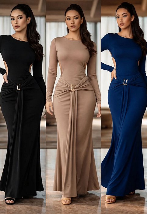 Vestido Longo De Manga Longa Vazado