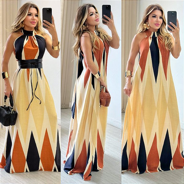 Vestido Longo De Gola Estampado