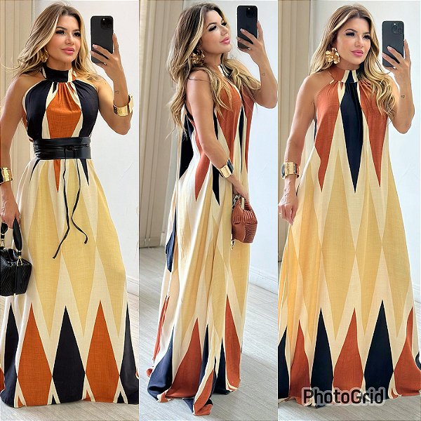 Vestido Longo De Gola Estampado
