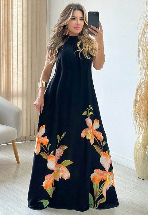 Vestido Longo De Gola Estampado