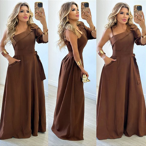 Vestido Longo Ombro Único Manga 3/4