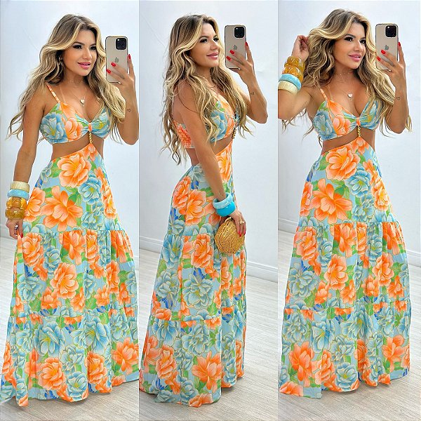 Vestido Longo Estampado Vazado