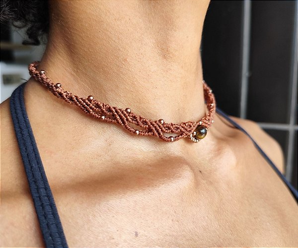 Choker Esfera Natural Marrom - Olho de Tigre