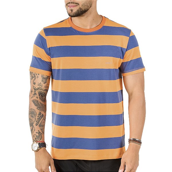 Camiseta Listrada Azul Laranja 100% Algodão