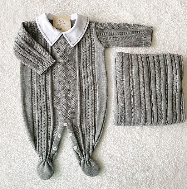Saída Maternidade Davi em tricot cinza(Macacão + Manta)