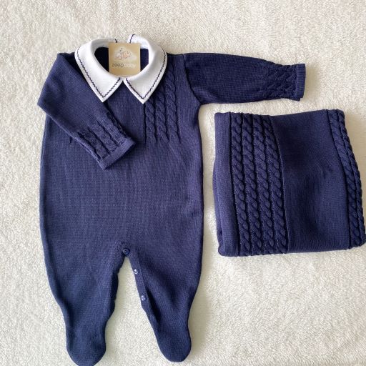 Saída Maternidade Dom em tricot azul marinho(Macacão + Manta)