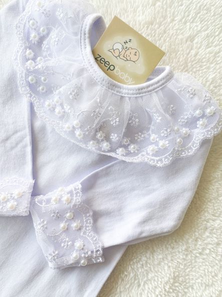 Body manga longa renda e pérolas