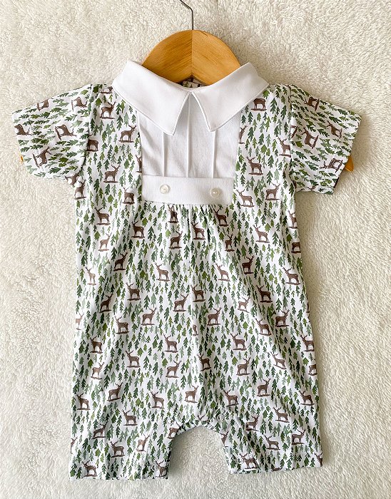 Macacão curto de Pinheirinho e Rena em Algodão Pima Verde