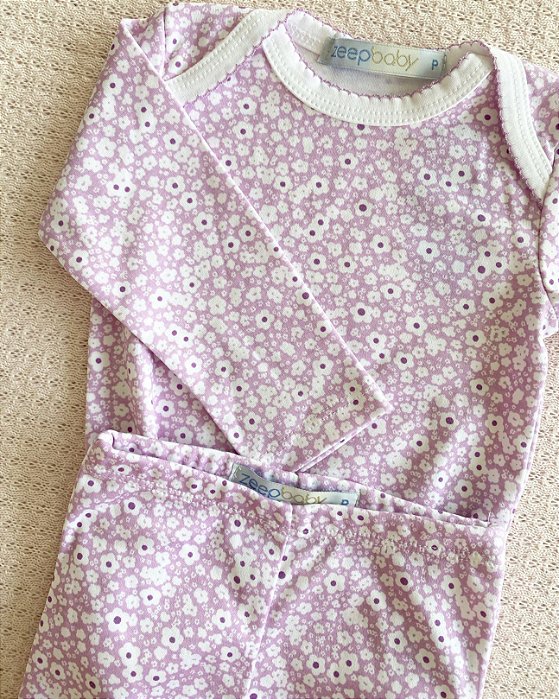 Body manga longa + calça em algodão pima de florzinha