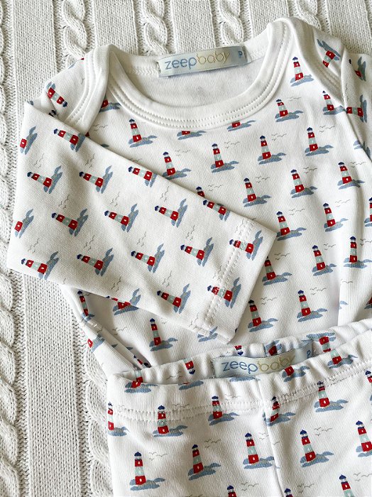 Body manga longa + calça em algodão pima com estampa de farol