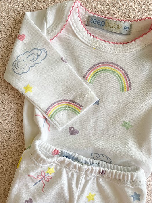 Body manga longa + Calça em algodão pima arco-Íris