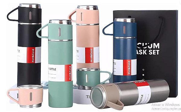 Garrafa Térmica Inox 500ml C/ 3 Xícaras Camping Exclusivo