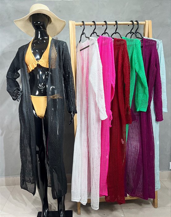 Saída de Praia Longa Tricô Crochê - Moda Praia C/ Manga