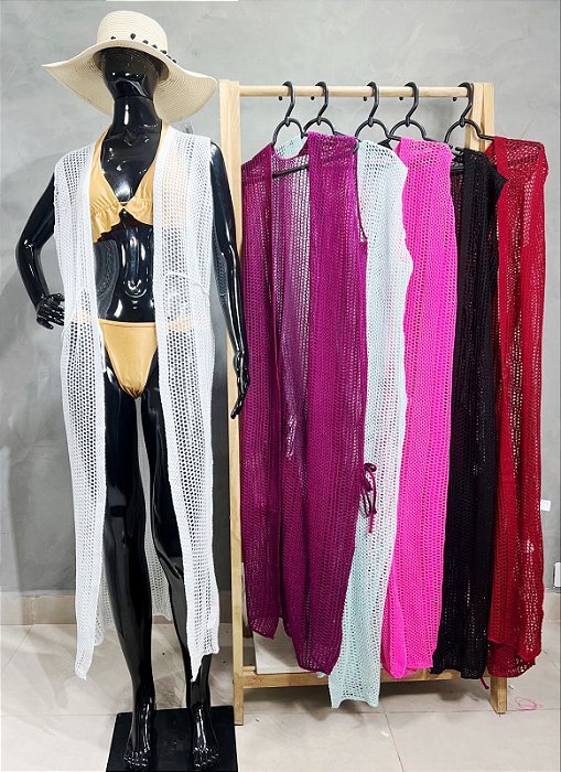 Saída de Praia Longa Tricô Crochê - Moda Praia S/ Manga