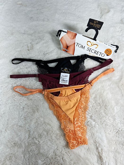Kit com 3 Calcinhas Apaixonante Renda (Preto, Vinho e Laranja) 5101