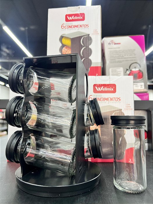 Kit 6 Porta Condimentos Black C Suporte Giratório e Tampa Rotativa