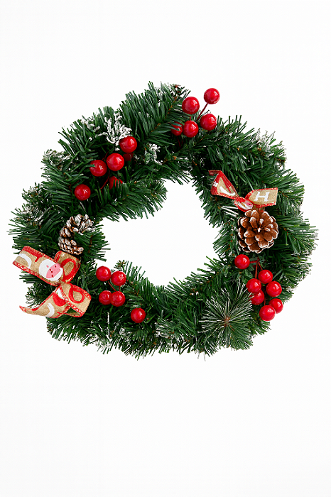 Guirlanda Natalina com Frutinhas Vermelhas, Pinhas e Laço Decorativo – 28 cm