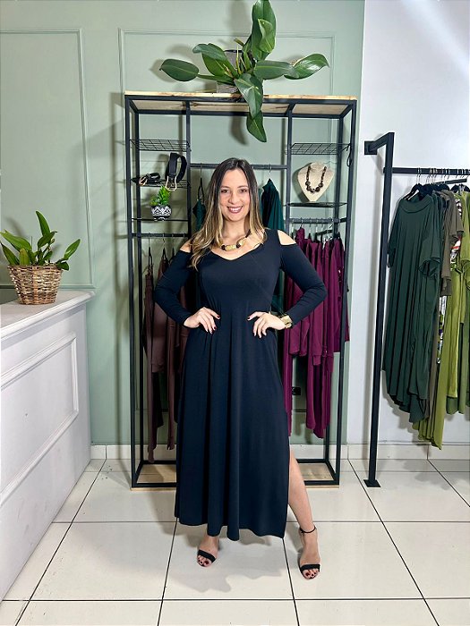 Vestido com abertura no ombro em malha viscolycra