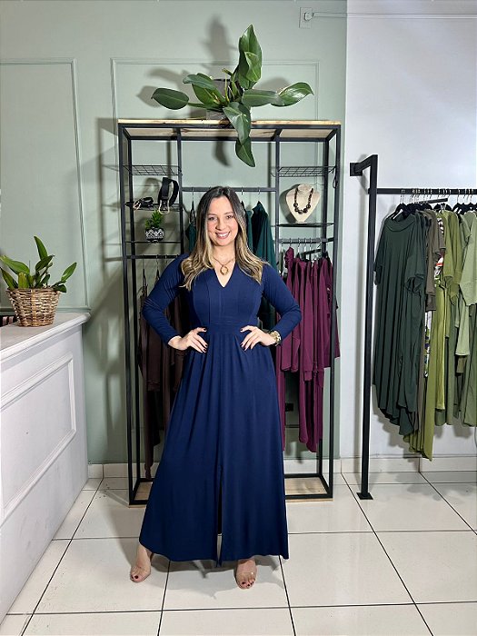 Vestido longo com manga em malha viscolycra