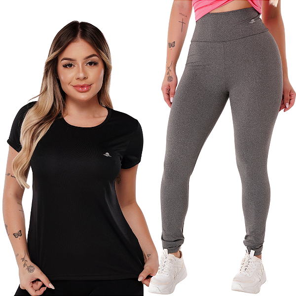 Kit Calça Legging e Camiseta Feminina Dry Academia  Treino