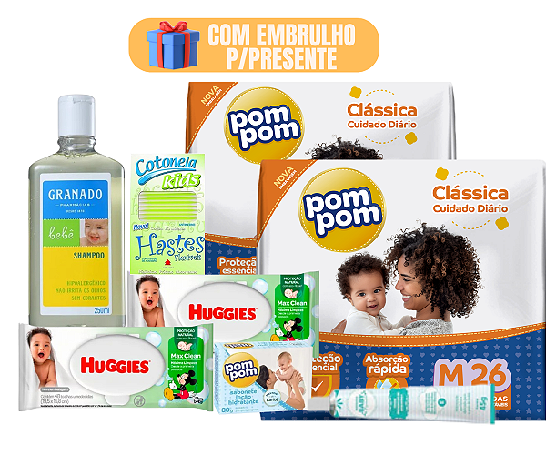 Kit Presente Chá De Bebê Huggies Lenço Umedecido Shampoo Fralda Com Embrulho