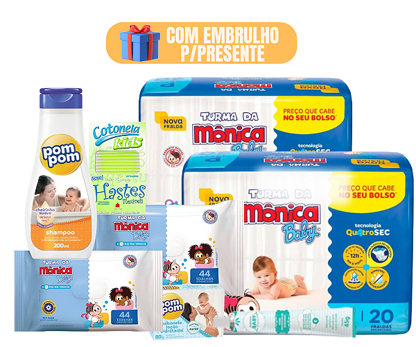 Kit Presente Chá De Bebê Huggies e Pompom Lenço Umedecido Shampoo Com Embrulho