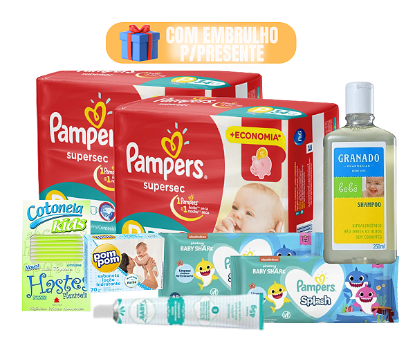 Kit Chá de Bebê Premium 2 Pampers e Granado Lenço Umedecido Shampoo Com Embrulho