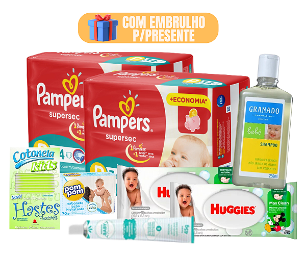 Kit Chá de Bebê Premium 2 Pampers e Granado Lenço Umedecido Shampoo Com Embrulho