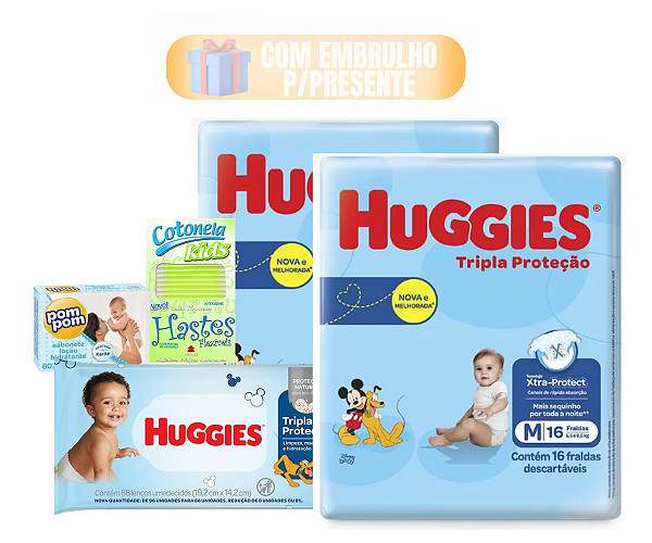 Kit 2 Fraldas Huggies Presente Lenço Umedecido Chá De Bebê Com Embrulho