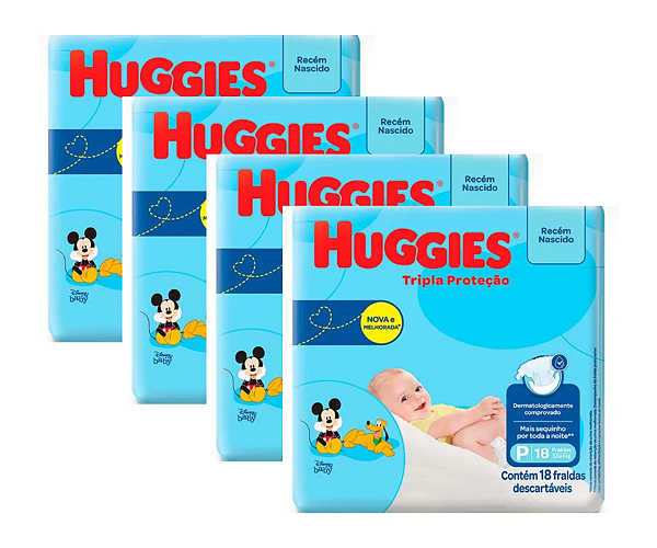 Kit 4 Fraldas Huggies Tripla Proteçao Tamanho P com 18 Unidades cada