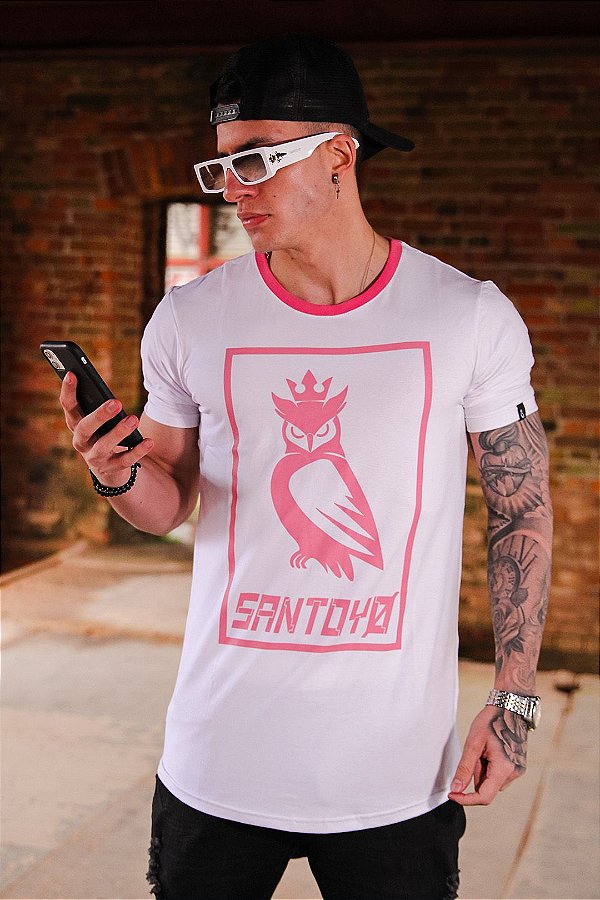 Camiseta Santoyo Masculina Manga Curta Branca Com Detalhes Rosa