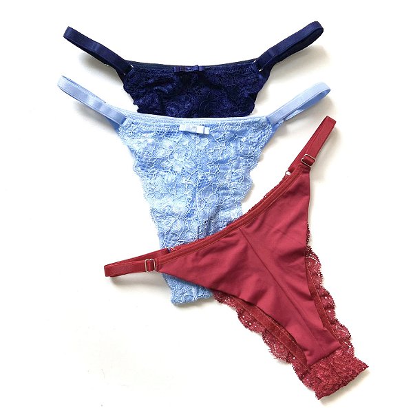 Calcinha Luana (azul claro, marinho e vermelho) - Kit com 3